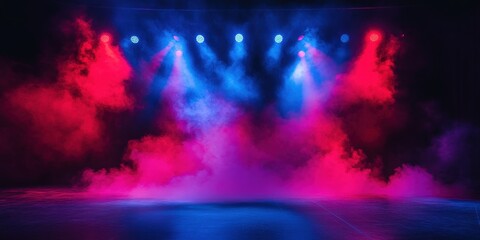 Obraz premium Theatrical stage illuminated by dramatic red and blue spotlights with a smoky atmosphere, creating a moody and intense setting perfect for concerts, performances, or cinematic presentations. 