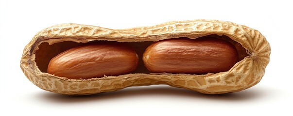 a peanut shell cracked open, revealing two peanuts inside, rustic style, isolated on white background