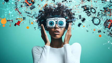 Black woman with an afro is wearing virtual reality glasses and has her hands on the sides of her face, holding them up in front of her as if she were holding something close to it