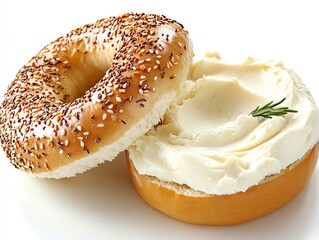 a piece of cream cheese being spread on a bagel, soft and smooth, light and creamy, isolated on white background