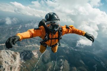 Obraz premium An adventurous skydiver in an orange jumpsuit leaps through clouds above stunning mountain landscapes, embracing the thrill of freefall.