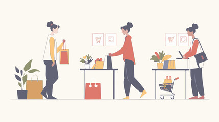 A woman chooses goods, pays online, and receives an order from a courier. Easy online shopping Vector flat illustrations