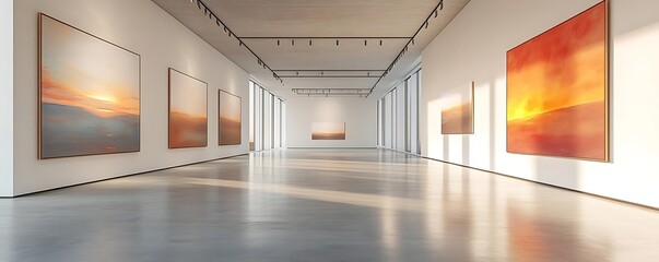 Modern Art Gallery Exhibit - Illustration of Sunrise Paintings, Sunlight, and Polished Concrete Floors