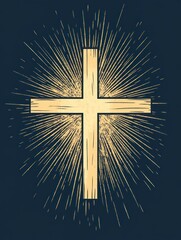 A simple wooden cross with a glowing golden halo on a dark blue background.