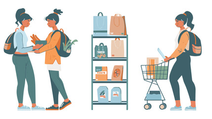 A woman chooses goods, pays online, and receives an order from a courier. Easy online shopping Vector flat illustrations