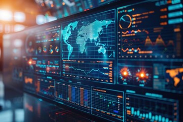 Obraz premium Futuristic data visualization with graphs and maps on a digital screen, showcasing trends and analytics in technology.