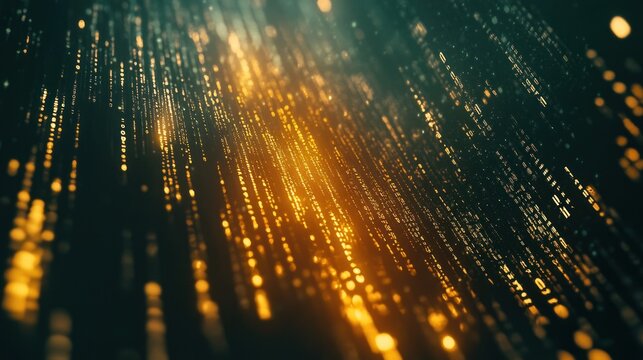 A digital background featuring a matrix of glowing binary code flowing down a dark screen, with light pulses moving through the numbers