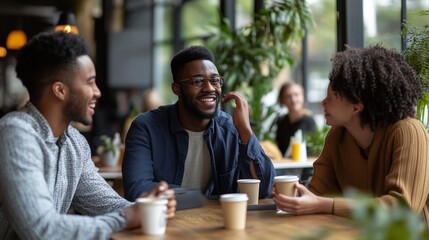 Friends enjoying coffee and engaging in lively conversation at a cozy café in the afternoon light