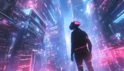 Futuristic Cityscape with a Person Wearing a Virtual Reality Headset