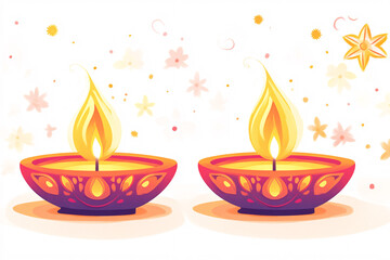 Two traditional Diwali lamps with glowing flames are surrounded by soft sparkles and stars, creating a warm and festive atmosphere
