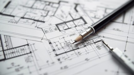 A close-up shot of a pencil and drafting tools placed on architectural plans. The detailed blueprint showcases the design and planning involved in the construction process, emphasizing precision and