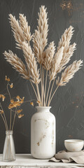 Clay vase with bouquet of dried pampas grass near dark wall. Home interior in minimalist style