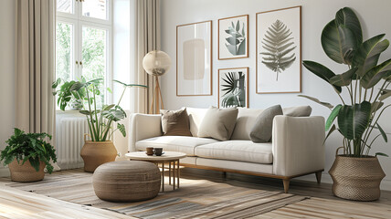 A cozy and inviting living room interior featuring a mix of natural materials and boho-inspired decor. The large windows, potted plants, and soft textiles