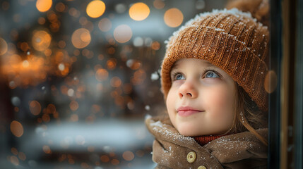 A child looking out of a frosty window in a quiet, snow-covered town, the reflection of distant fireworks lighting up the glass.