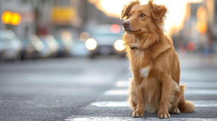 A dog waiting patiently at a crosswalk, while the world around it moves in fast forward