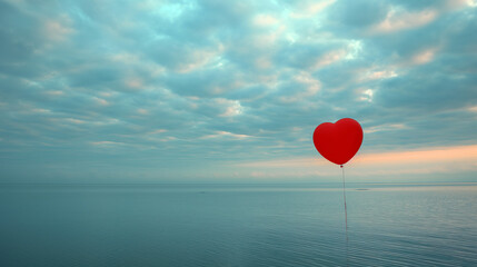 A single red balloon floating up into a cloud-filled sky, distant storm clouds approaching on the horizon