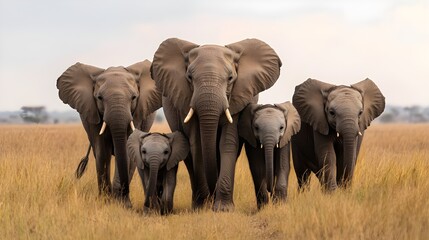 Obraz premium A heartwarming photograph of a family of elephants walking through the savannah, with the matriarch leading the herd.