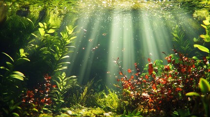 Fototapeta premium Serene underwater scene with sun rays illuminating lush aquatic plants
