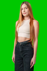 Young Woman With Long Hair Posing Against Green Screen Background