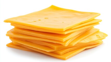 a stack of cheese slices, neatly layered, vibrant yellow tones, isolated on white background