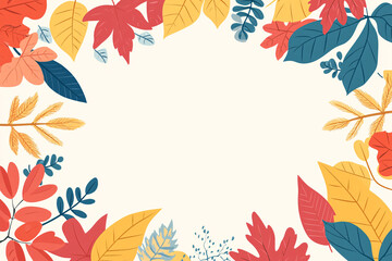 A vibrant frame of autumn leaves in shades of red yellow and green with a blank space in the center on a light background