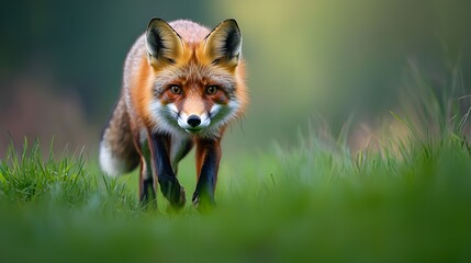 Naklejka premium An engaging photograph of a red fox curiously exploring a meadow, with its vibrant fur contrasting against the green grass.