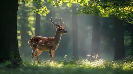 An elegant shot of a deer standing in a serene forest clearing, with dappled sunlight filtering through the trees.