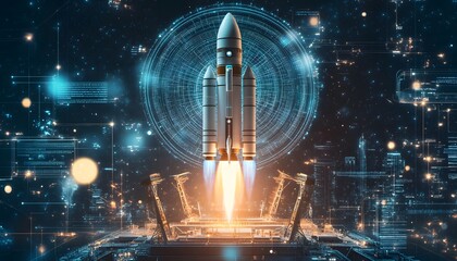 Futuristic Rocket Launch with Digital Overlay