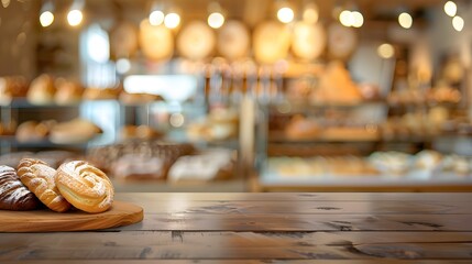 Empty wooden table top with a blurred background of a bakery shop interior for product display montage