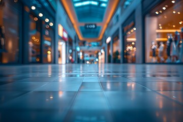 Fototapeta premium Serene Shopping Mall Aisle with Reflections and Ambient Lighting