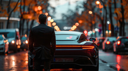 A business driver waits near a luxury car, showing professionalism. Standing near the car, he waits for his boss, who is ready to provide transport. Background for design.