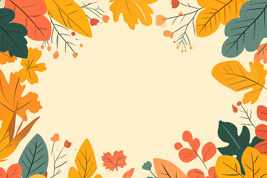 A decorative frame made of autumn leaves in shades of orange yellow and green with a blank center on a beige background