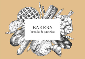 Bakery products. Bakery design template. Hand-drawn illustration of Bred. Ink. Vector	