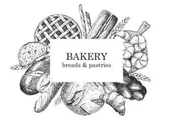 Bakery products. Bakery design template. Hand-drawn illustration of Bred. Ink. Vector	