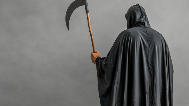 Cheerful man in grim reaper death costume bouncing with scythe in his hands, isolated on studio gray background. Man in long black cloak with hood with skull mask having fun on Halloween party.