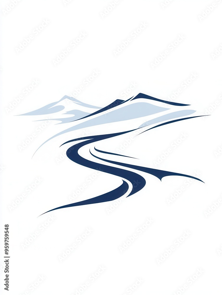 Poster this design features a stylized representation of a ski trail winding through a snow-covered mountai
