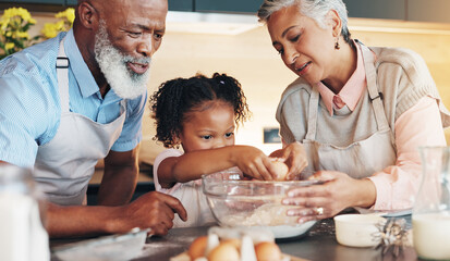 Baking, child and helping grandparents with eggs for cookies, dessert ingredient and childhood...
