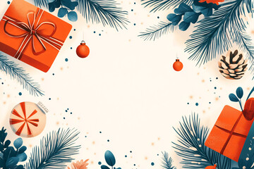 Christmas-themed frame featuring wrapped gifts, pine branches, and ornaments with a central blank space for holiday messages or festive designs