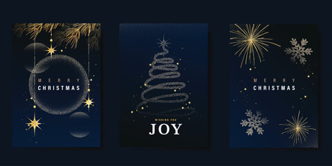 Luxury gold christmas invitation card design vector. Christmas bauble, tree, snowflake with gold foil and spot texture on navy blue background. Design illustration for cover, print, poster, ads.