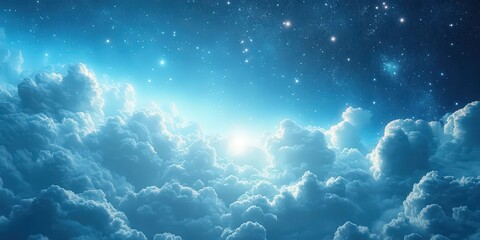 Obraz premium Beautiful bright sky full of fluffy white clouds illuminated by the soft glow of the sun, with twinkling stars in the background creating a serene and peaceful atmosphere perfect for celestial natural