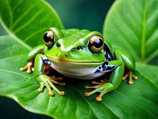 A close-up of a vibrant green frog with large, black eyes perched on a lush green leaf, the background blurred with more green foliage.
