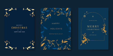 Luxury gold christmas invitation card design vector. Christmas leaves, reindeer with gold foil texture on navy blue background. Design illustration for cover, print, poster, ads.