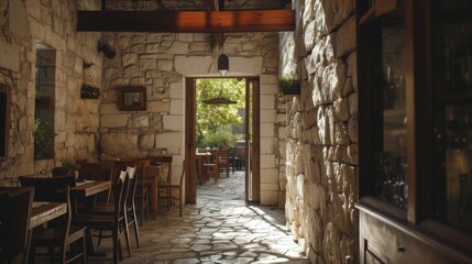 Inviting stone-walled cafe interior with rustic wooden furniture. Sunlight streams through the open door, leading to a lush garden. A perfect blend of charm and warmth, ideal for a relaxing escape.