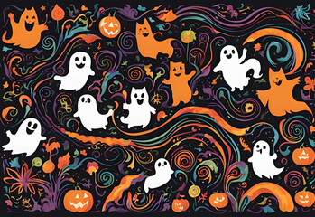 Obraz premium A lively Halloween scene with multicolored zigzag lines and swirls framing cheerful ghosts candy