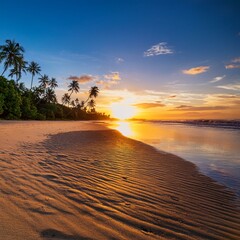  Serene Beach Sunset
A tranquil tropical beach with golden sand, palm trees, and a vibrant sunset reflecting on calm waters.