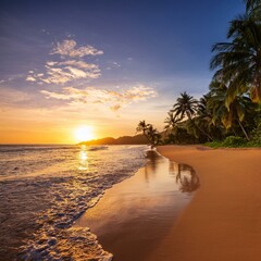  Serene Beach Sunset
A tranquil tropical beach with golden sand, palm trees, and a vibrant sunset reflecting on calm waters.