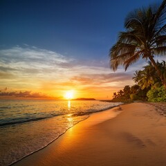  Serene Beach Sunset
A tranquil tropical beach with golden sand, palm trees, and a vibrant sunset reflecting on calm waters.