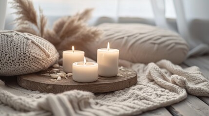 A serene and cozy setup featuring lit candles on a wooden tray surrounded by knitted pillows and blankets. The soft textures and warm lighting create an inviting atmosphere, ideal for relaxation and