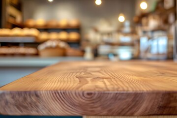 Empty wooden table top with a blurred background of a bakery shop interior for product display montage
