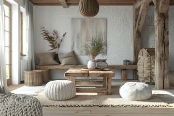 Gentle 3D render of a rustic living room with a wooden coffee table and knitted poufs, created by ai
